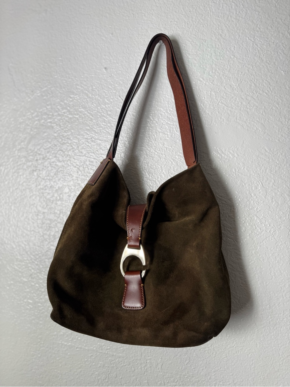 Suede Hobo Shoulder Bag in Dark Brown with Leather Strap
